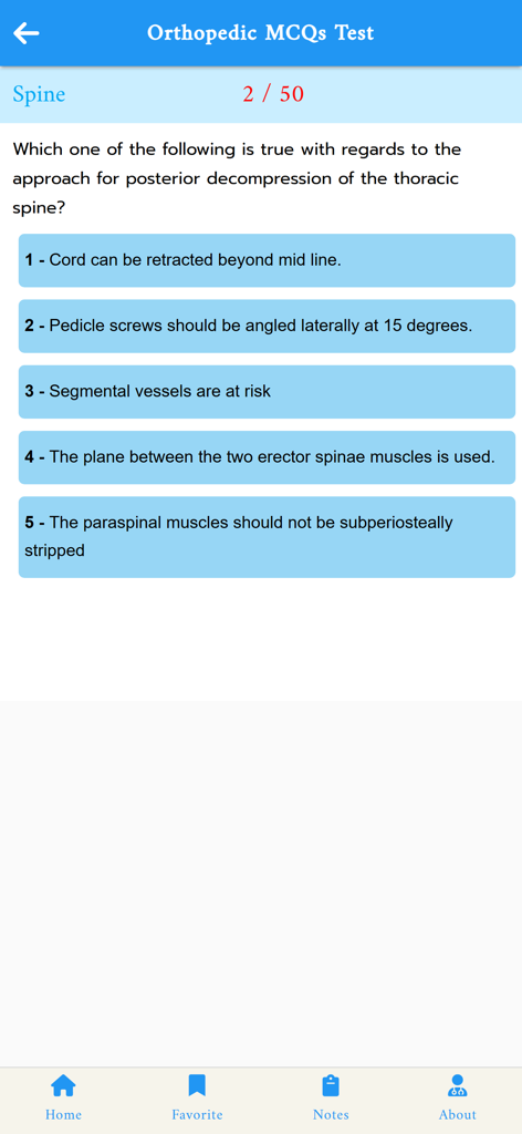 Multiple-Choice-Frage zur Wirbelsäulenchirurgie im Abschnitt Orthopädische MCQs-Tests.