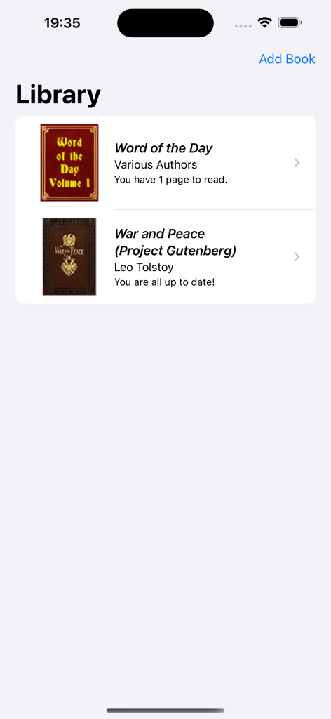 Readsy app library screen displaying book titles and daily reading progress