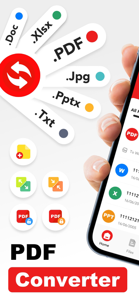 PDF Converter – Scan & Edit - Uno schermo di smartphone che mostra l'interfaccia dell'app PDF Converter con vari formati di documento come PDF, Word ed Excel