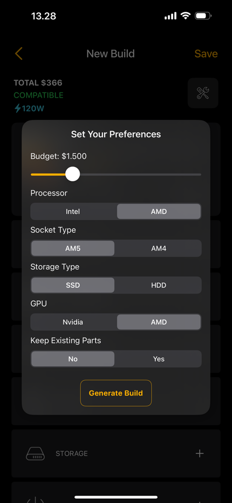 PC Builder: Part picker - L'interfaccia dell'app PC Builder per impostare le preferenze di build come budget e marchi hardware.