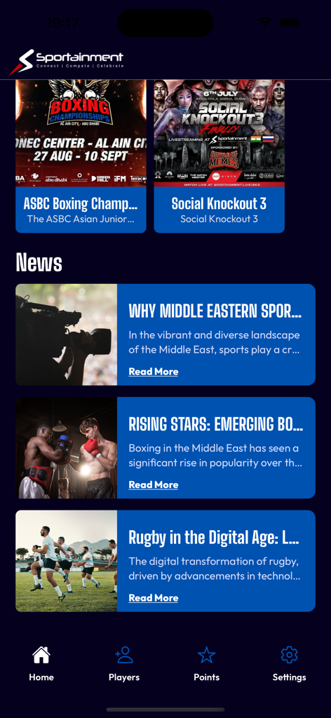 Sportainment - Sportainment app home screen showing boxing event posters and a sports news feed with articles on rugby and boxing