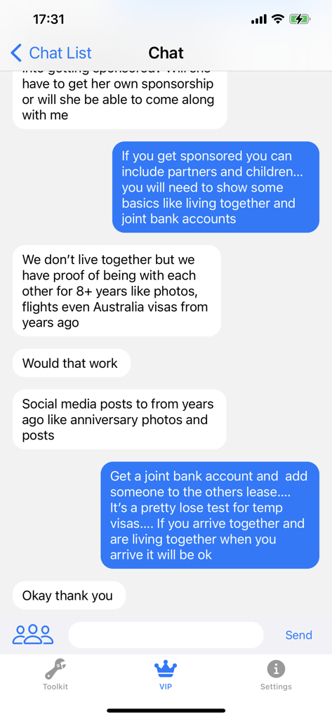 Mobile app chat interface showing a conversation with a migration agent regarding Australian visa sponsorship for partners and families.