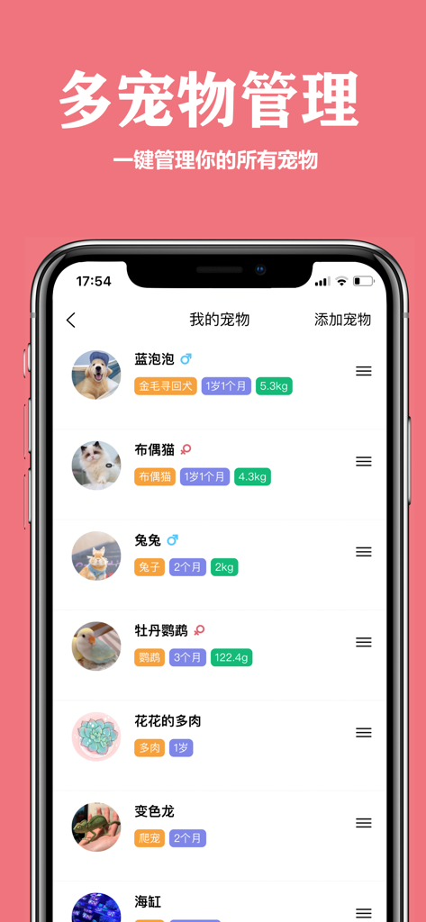 Screenshot der Pet Kingdom App, der eine Verwaltungsliste verschiedener Haustiere zeigt, darunter einen Hund, eine Katze und einen Vogel mit ihren Alters- und Gewichtsangaben.