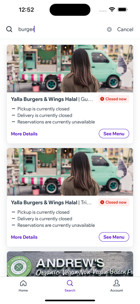 Dine by Wix - Risultati della ricerca per ristoranti di hamburger sull'app mobile Dine by Wix che mostrano opzioni locali e il loro stato attuale.