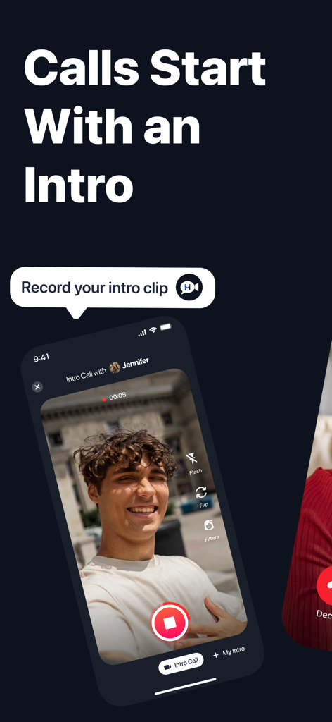 FaceCall - Answer Better - Oberfläche der FaceCall-App, die einen Benutzer zeigt, der eine kurze Video-Einführung aufnimmt, um sie als Video-Anrufer-ID zu verwenden