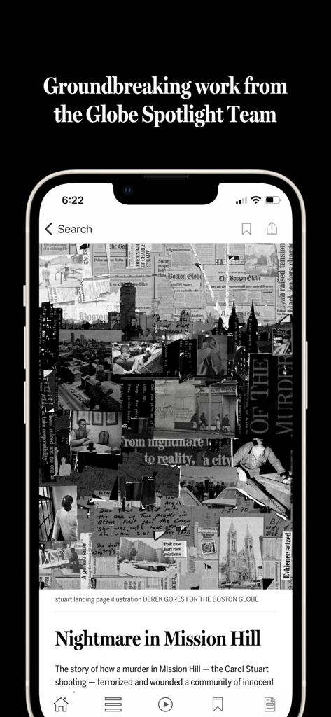 The Boston Globe app interface displaying a Spotlight Team investigative article about Mission Hill.