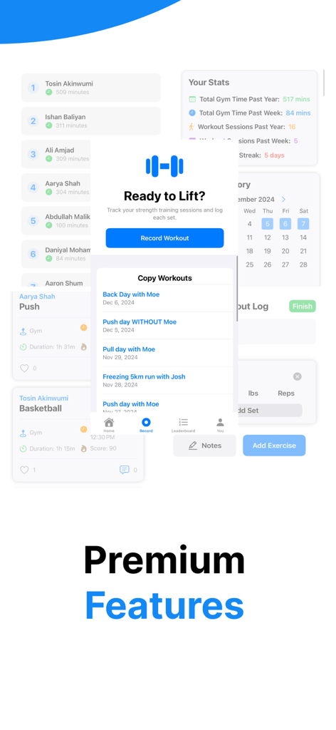 Spartan Gym Social Workout Log - Interface of Spartan Gym app showcasing premium features like workout stats and social leaderboards.