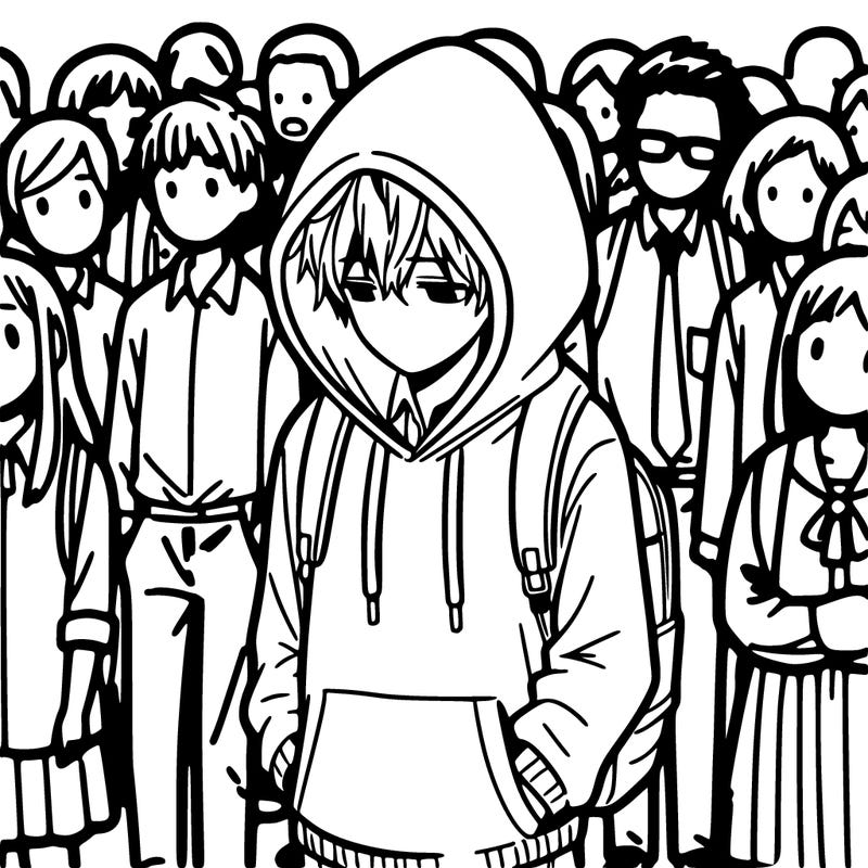a manga boy with hood down walking through a crowd sad