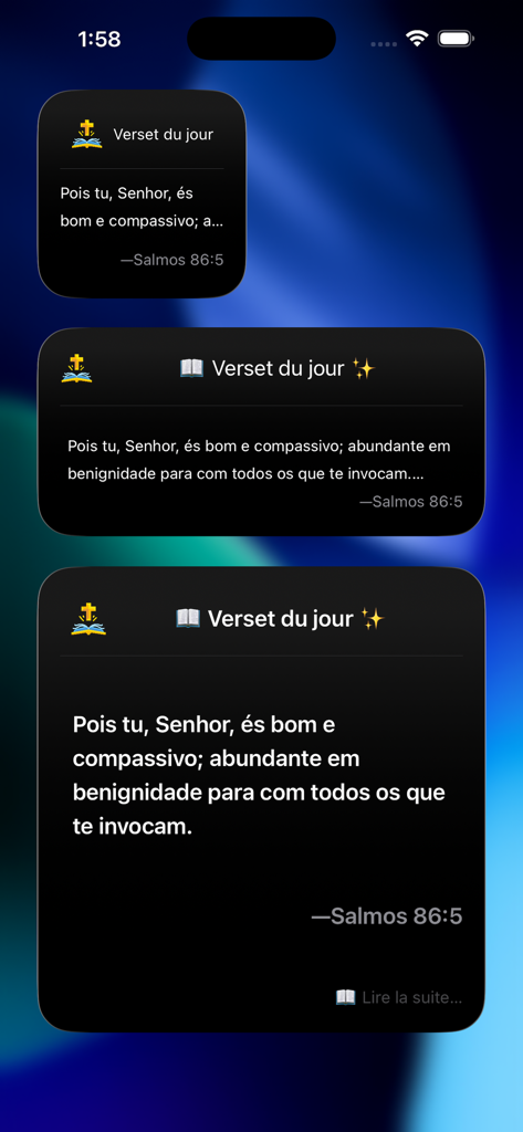 Bíblia Sagrada em Português - Widgets de versículos bíblicos diários em português exibidos na tela inicial de um smartphone em modo escuro.