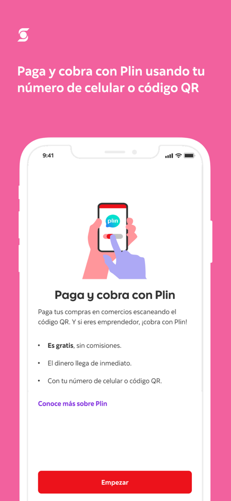 Scotiabank Perú - Tela do aplicativo móvel Scotiabank Peru destacando o Plin para transferências de dinheiro instantâneas com um número de celular ou código QR