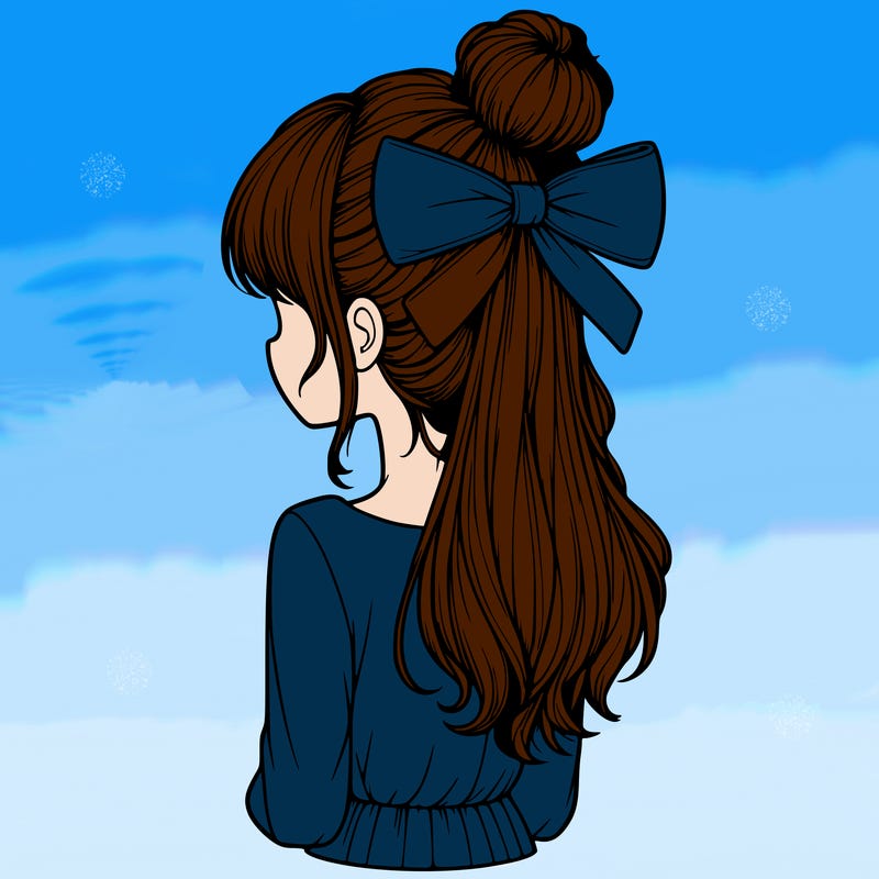 realistic girl  with hip length hair a bun and a big bow on the back of head
