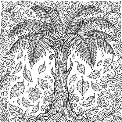 Discover the mysterious allure of autumn with this gothic tree fern coloring page, rich with ornate details and falling leaves. Perfect for those who appreciate nature's darker, more intricate side during the crisp fall season.