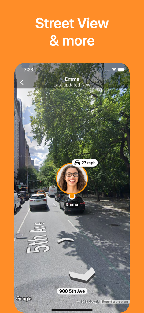 Interfaz de vista de calle que muestra la ubicación en tiempo real y la velocidad de conducción de un contacto en una calle de la ciudad.