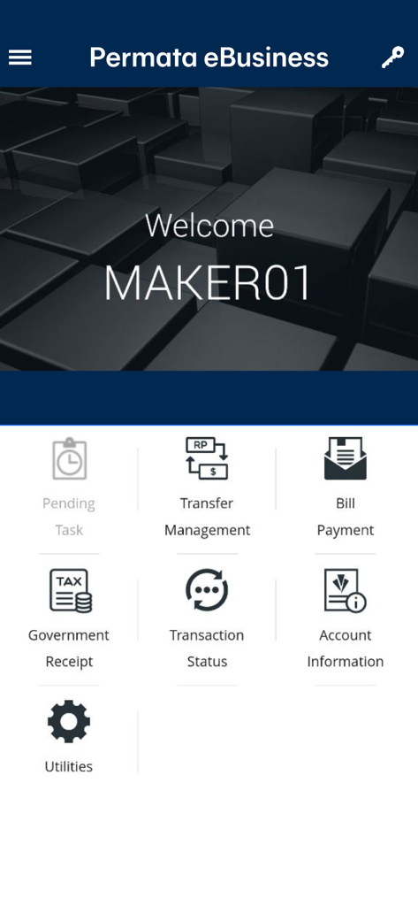 Permata eBusiness app dashboard showing pending tasks, transfer management, bill payment, and transaction status icons.