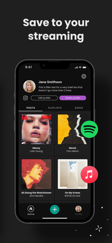 A user profile in the Needle Music app showing song posts and integration icons for Spotify and Apple Music.