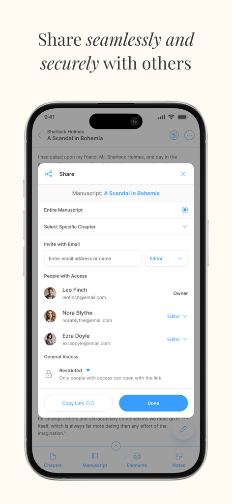 LivingWriter: Write Anywhere - LivingWriter app interface showing options to share a manuscript and invite editors with secure access levels.