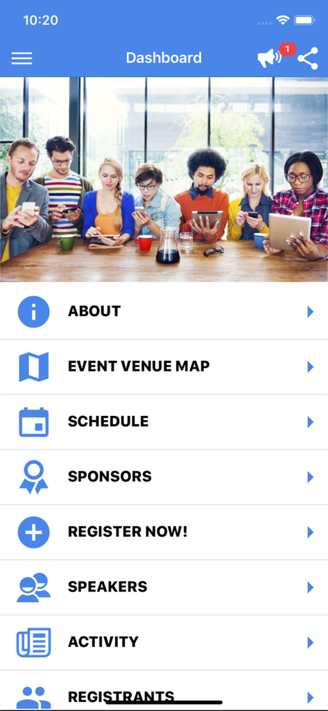 Das Haupt-Dashboard der Attendee Mobile App zeigt ein Menü mit Optionen für 'Über', 'Veranstaltungsort-Karte', 'Zeitplan', 'Sponsoren' und 'Redner'.