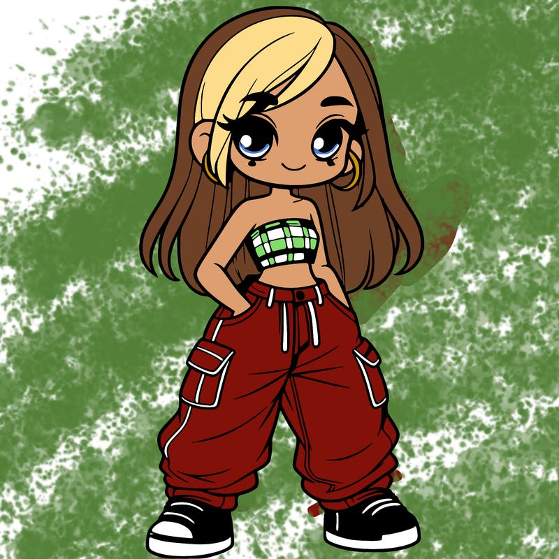 cute girl with baggy jeans and a crop top