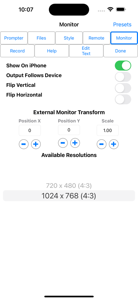 PrompterPal - Interfaz de la aplicación PrompterPal mostrando la configuración del monitor externo y las opciones de duplicación de texto.
