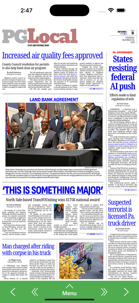 PGe - Traditional newspaper layout of the Pittsburgh Post-Gazette digital edition