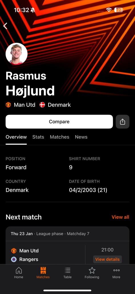Profil du joueur Rasmus Hojlund dans l'application officielle de l'UEFA Europa League