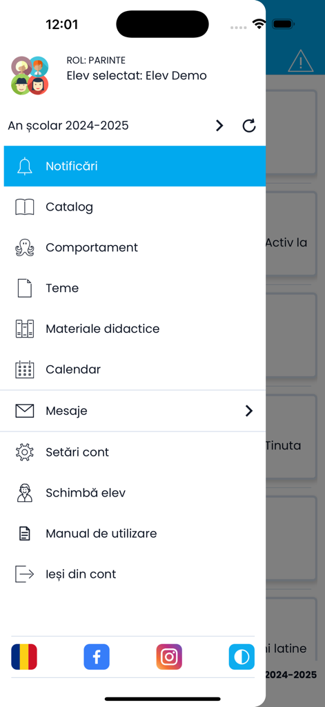 Main navigation menu of the 24edu app for parents showing school management features like grades and homework