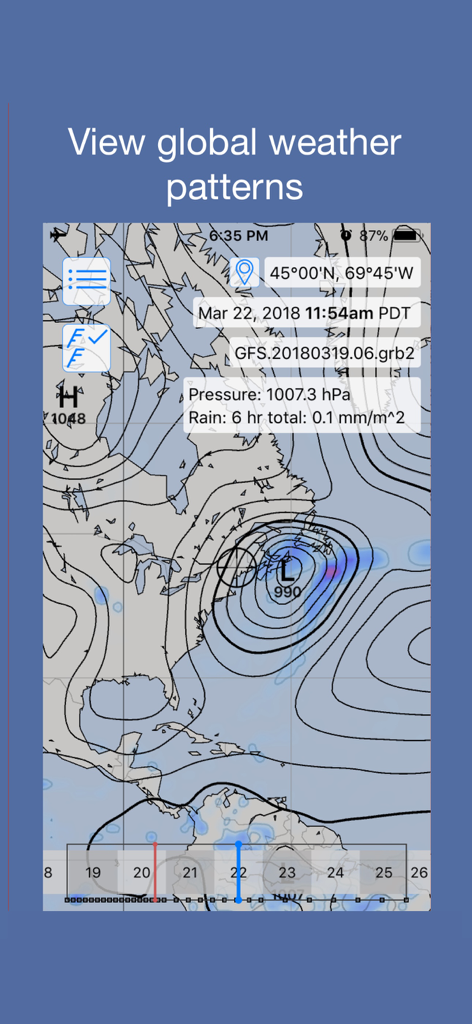 LuckGrib app interface showing a detailed meteorological map with pressure isobars and GFS model data for global weather analysis.