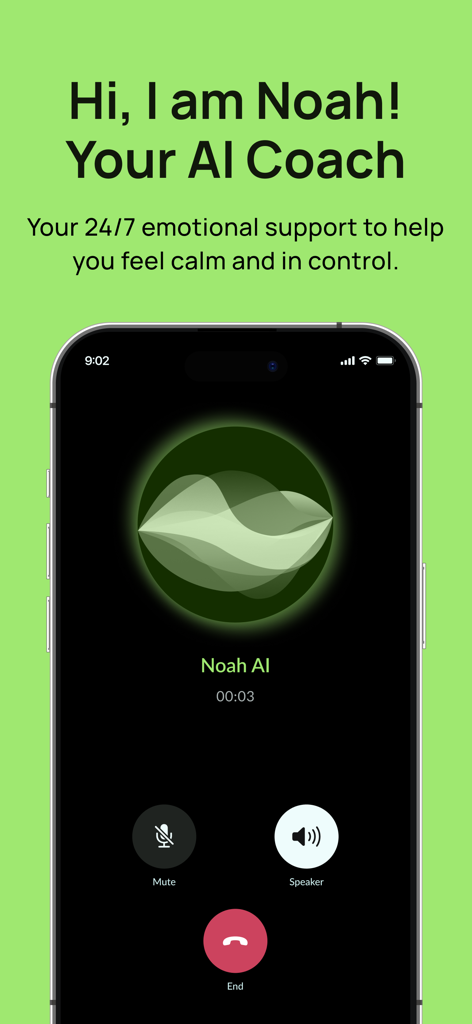 A smartphone screen displaying an active voice call with Noah AI emotional coach