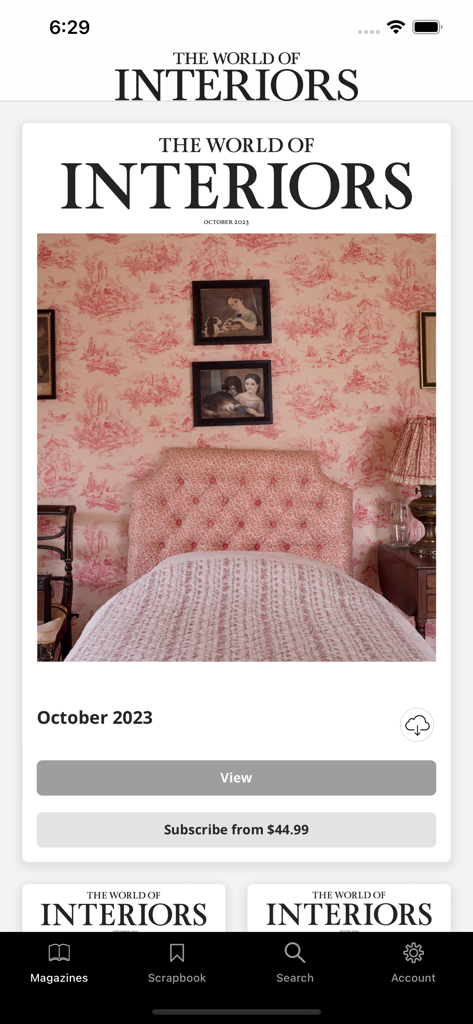 The World of Interiors - Copertina digitale del numero di ottobre 2023 della rivista The World of Interiors con arredo camera da letto di lusso