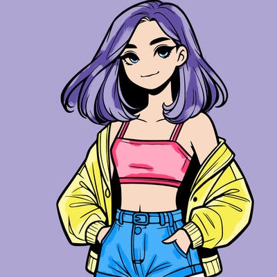 a realistic girl with a crop top and short shorts in an open jacket