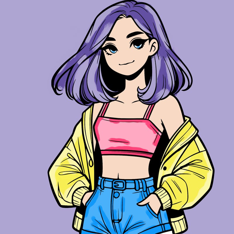 a realistic girl with a crop top and short shorts in an open jacket