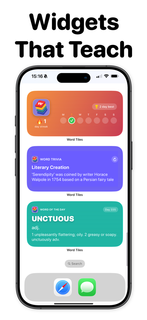 Word Tiles: Puzzle Word Game - iPhone screen showing educational widgets for the Word Tiles app including trivia and word of the day