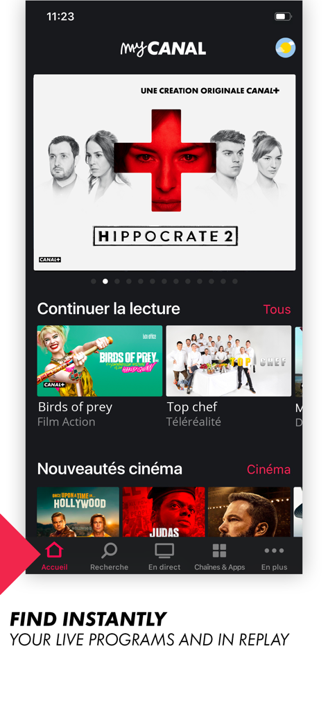 CANAL+ app home screen with cinema and live TV options