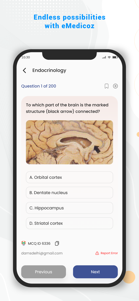 DAMS | NEET PG, FMGE - A medical exam question screen showing a brain anatomy diagram and multiple choice answers for endocrinology