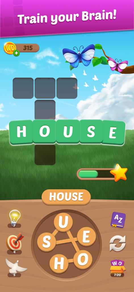 Screenshot del gioco mobile Wordington che mostra un puzzle di parole con la parola "casa" completata