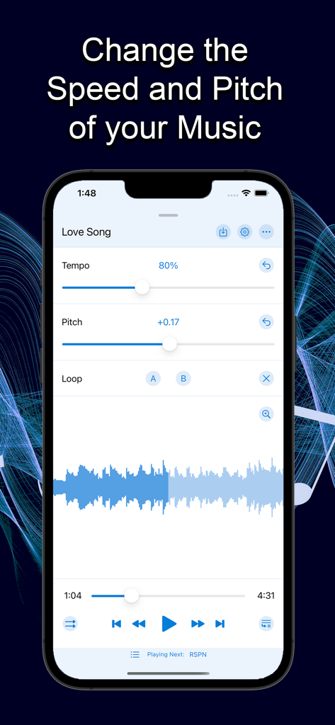 Interfaz de la aplicación Music Speed Changer con deslizadores de tempo y tono para la edición de audio