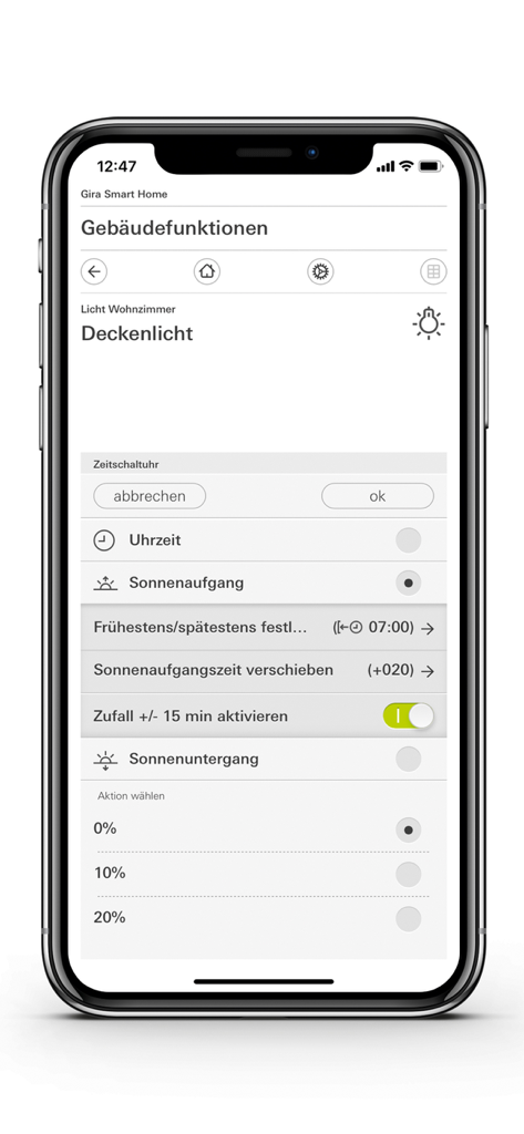 Gira Smart Home app interface showing timer settings and dimming options for living room ceiling lights.