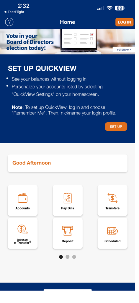 FirstOntario Mobile Banking - The home screen of the FirstOntario Mobile Banking app featuring a dashboard with icons for accounts, bill payments, and transfers.