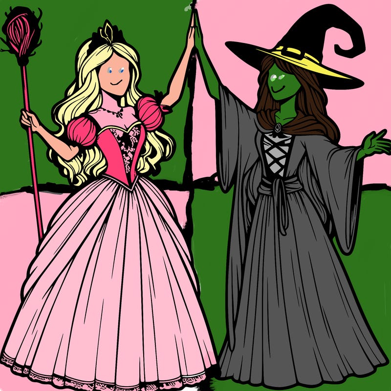 detailed realistic split of a princess and a witch