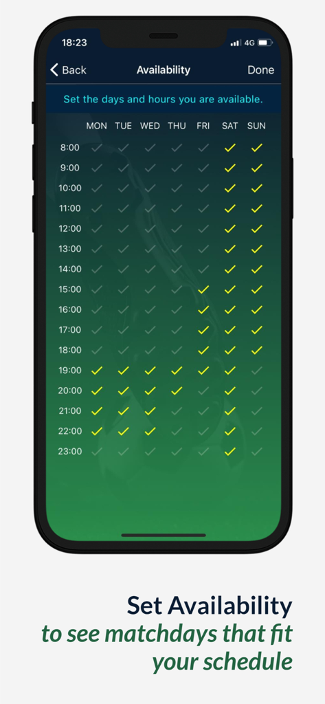Playerfy - サッカーの試合のためのPlayerfyアプリでの週次空き状況スケジュールグリッド