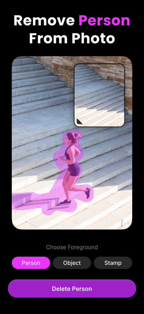 Magic Eraser: Remove Objects - A mobile app interface showing the Magic Eraser tool removing a woman jogging from a set of outdoor stairs.