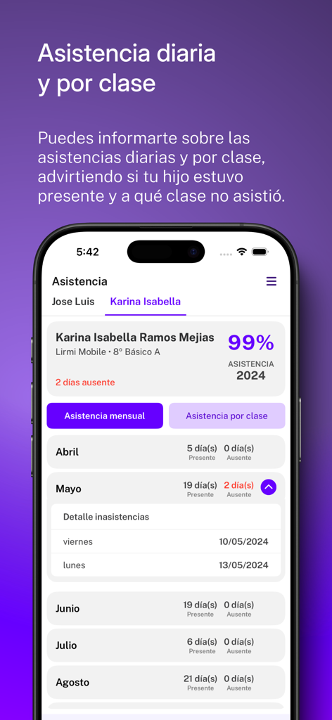 Lirmi Familia - L'application Lirmi Familia montrant un rapport détaillé de présence scolaire mensuel et les enregistrements d'absence d'un élève.
