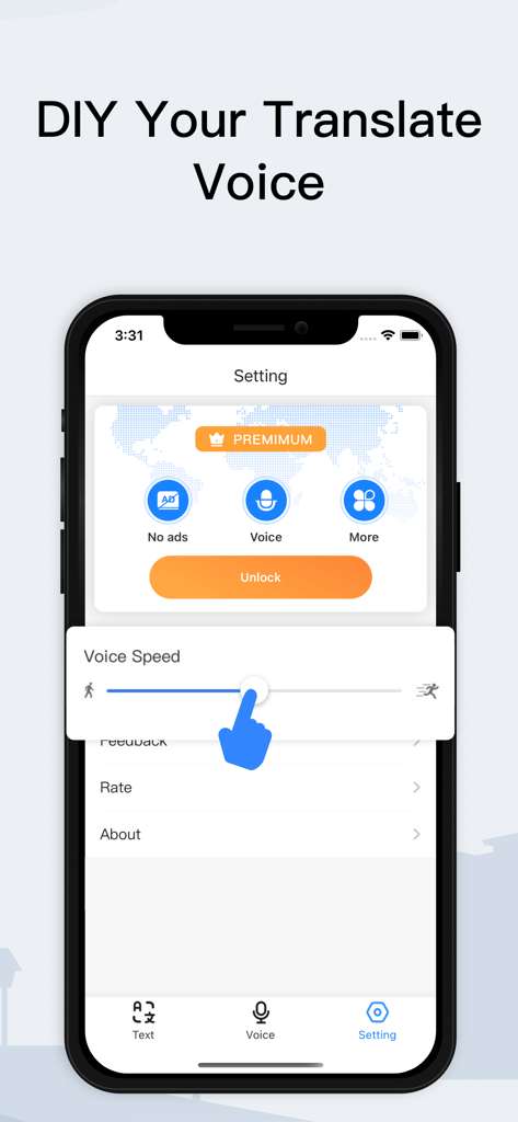User interface showing voice speed adjustment slider in the Insta Translate app settings