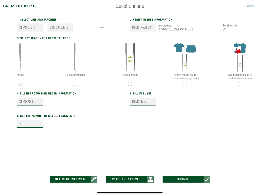 INH@Site 2.0 - 재봉틀 니들 교체 및 규정 준수 데이터를 기록하기 위한 디지털 양식