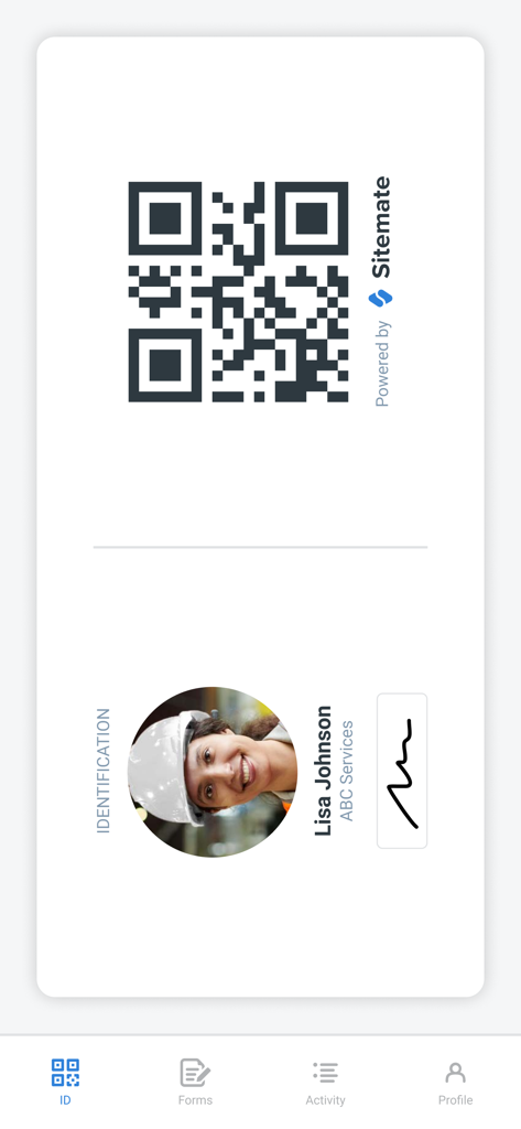 Sitemate - Digital identification card in the Sitemate app featuring a QR code and profile information
