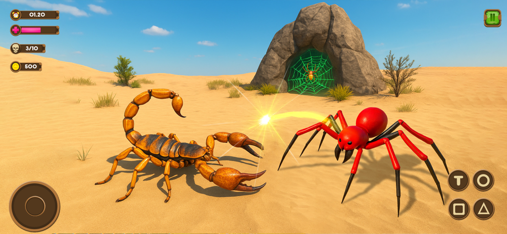 Wild Spider - Insect Simulator - Uma aranha vermelha enfrenta um escorpião em uma cena de combate no deserto de Wild Spider Insect Simulator