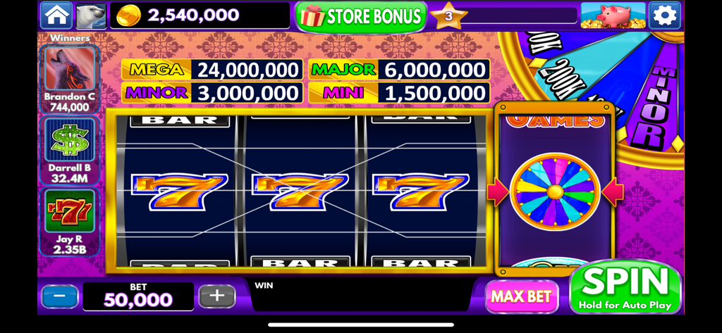 Spin Vegas Slots: VIP Casino - A classic three reel slot machine gameplay screen featuring lucky seven symbols and a bonus prize wheel