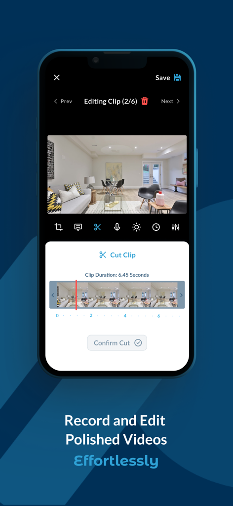 Realync Video Leasing - Schermo dello smartphone dell'editor video dell'app Realync per tour immobiliari