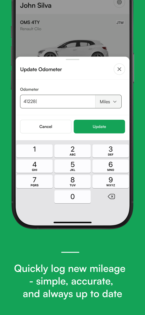 Quartix Check - Interfaz de aplicación móvil para actualizar el odómetro del vehículo y registrar el kilometraje