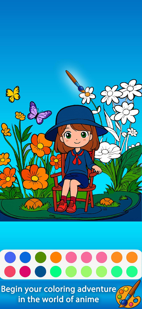 Creative Colors -Color & Relax - A digital coloring page featuring an anime girl in a garden with a palette of vibrant colors below